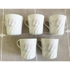 Vintage Corelle Corning 5 Mugs Pink Trio Flower Blossom Floral Swirl